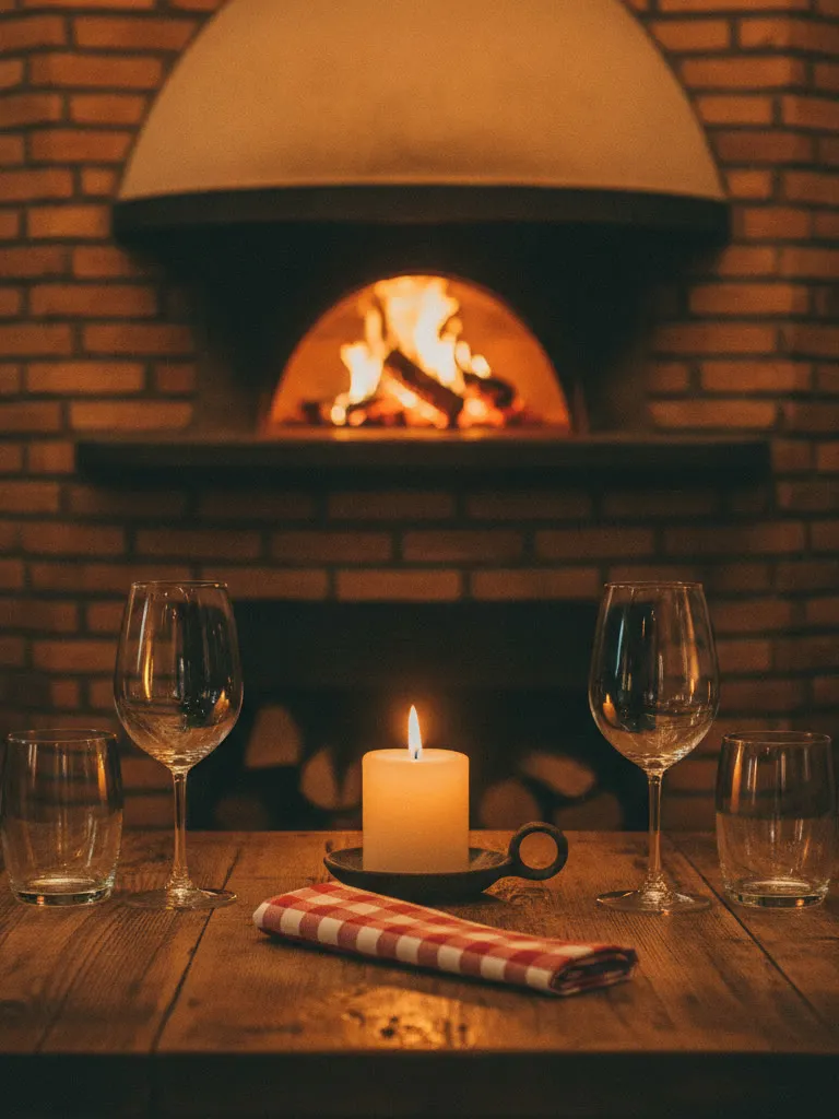 Illustrative photo: a candlelit table set in front of a glowing brick oven